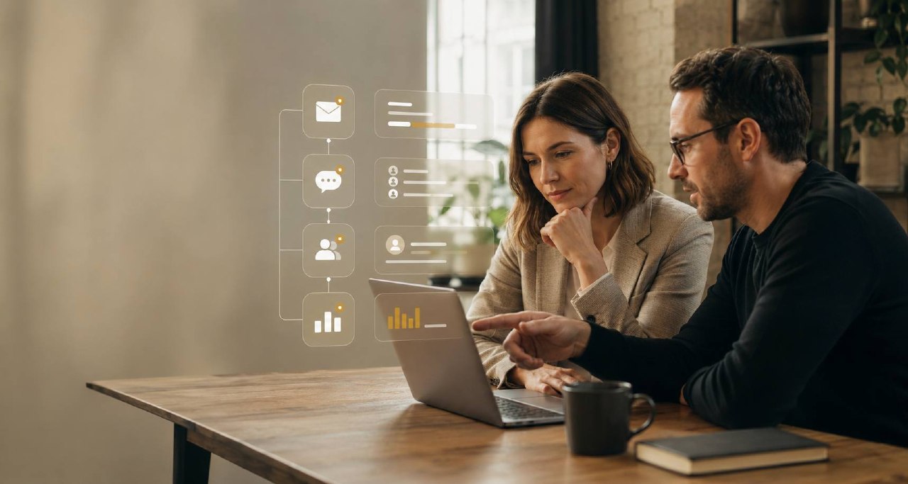 Two professionals reviewing an AI workflow dashboard on a laptop in a warm office