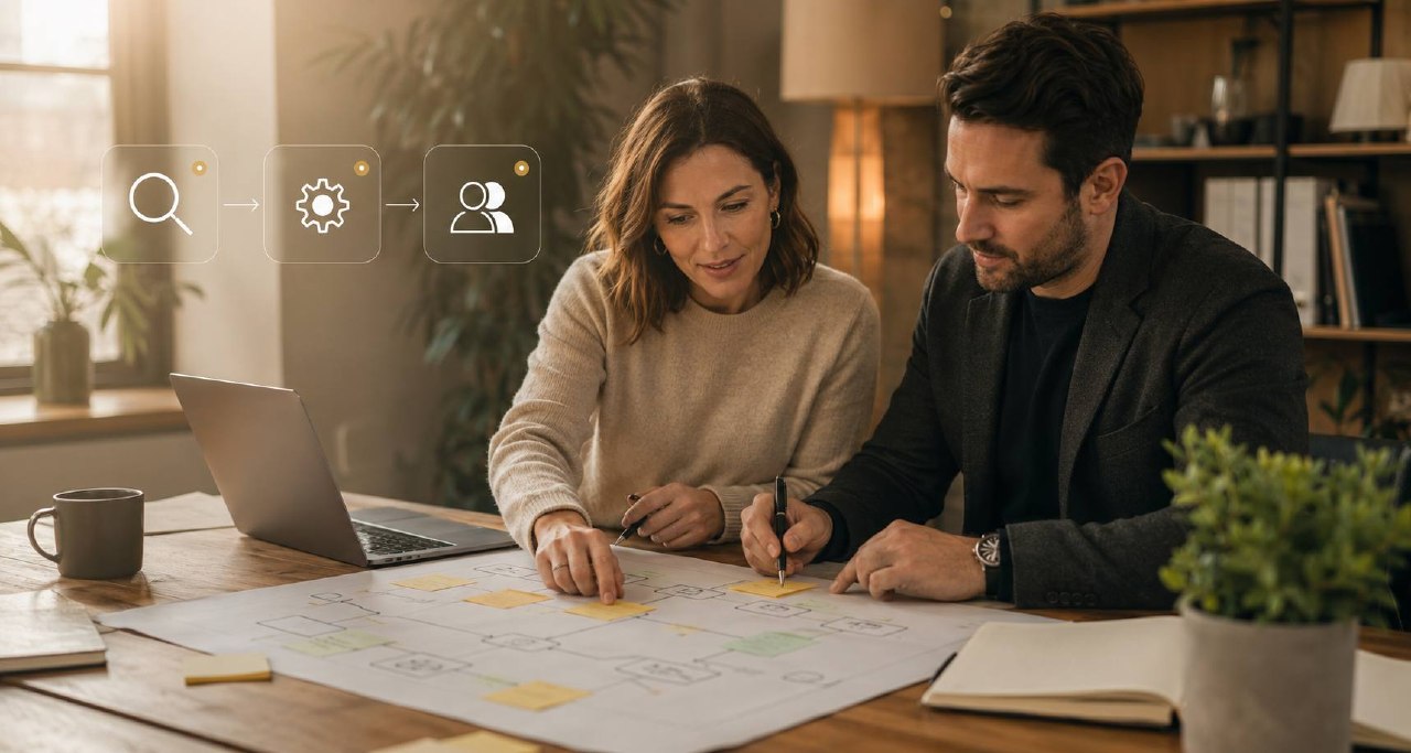 Two professionals mapping a business workflow during an AI automation planning session