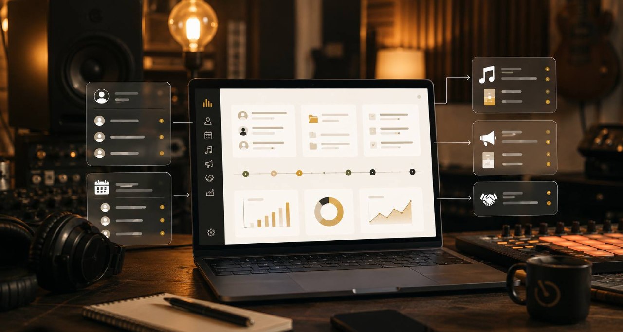 Music studio desk with a laptop showing an artist operations and campaign dashboard